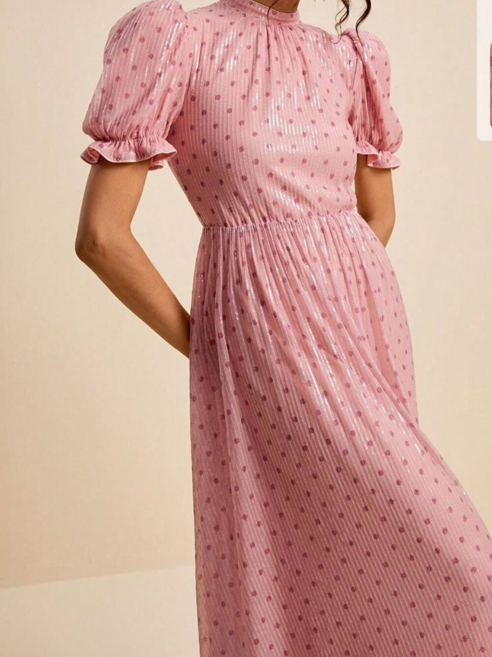 Pink Elegant Women's Polka Dot Beaded A-Line Dress - Picture 5 of 8